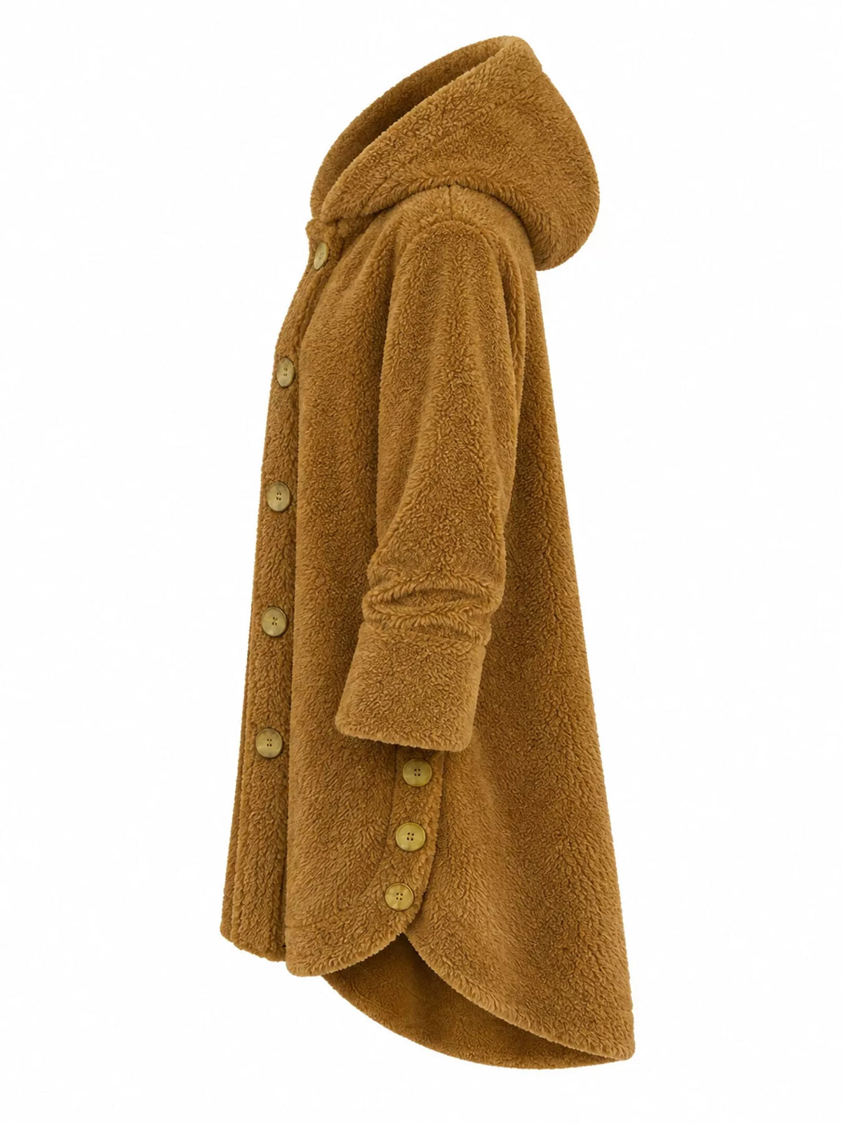 Camel fleece button-up hooded jacket with curved high-low hem, side view