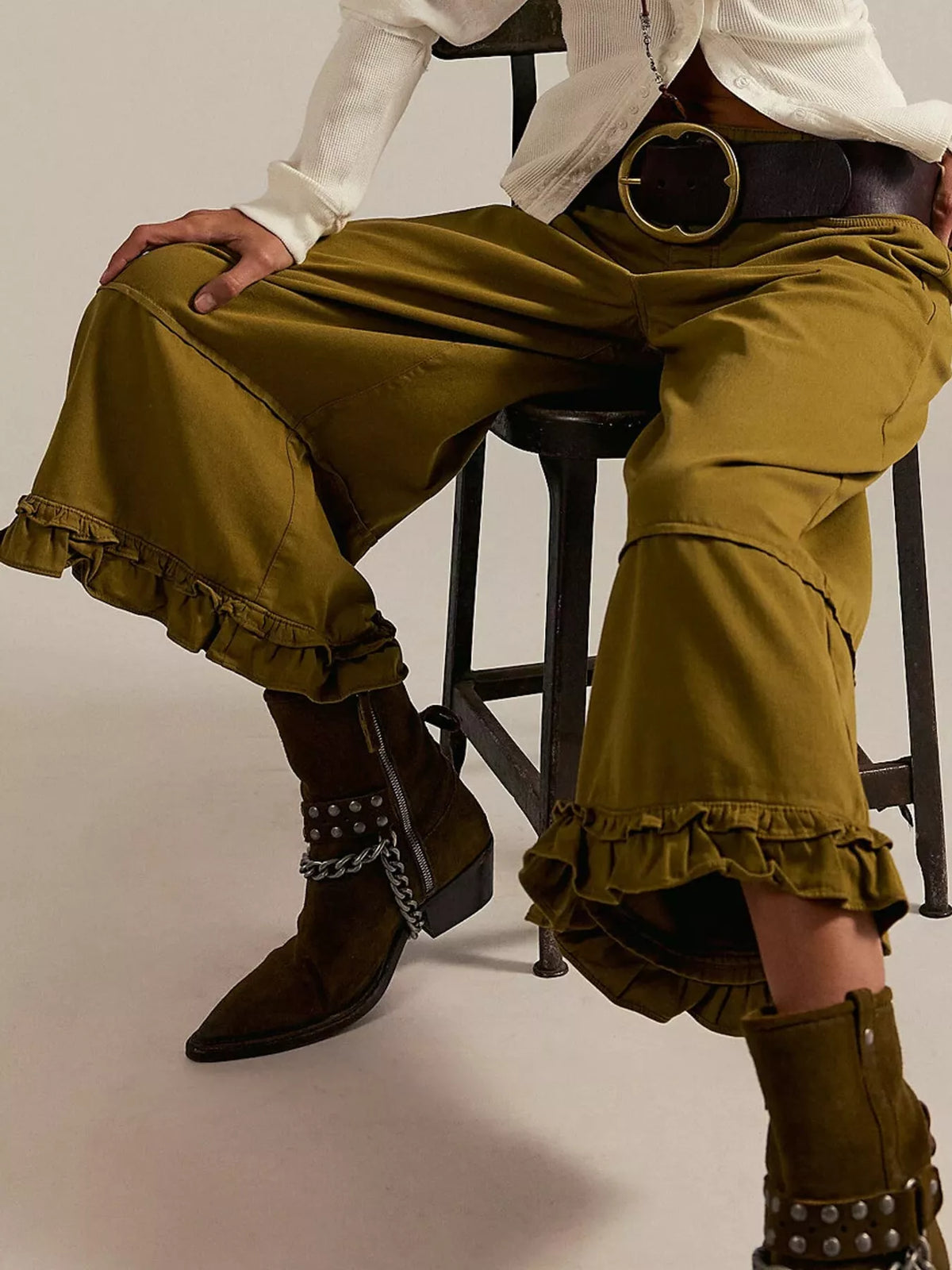 Olive wide-leg ruffle-hem jeans