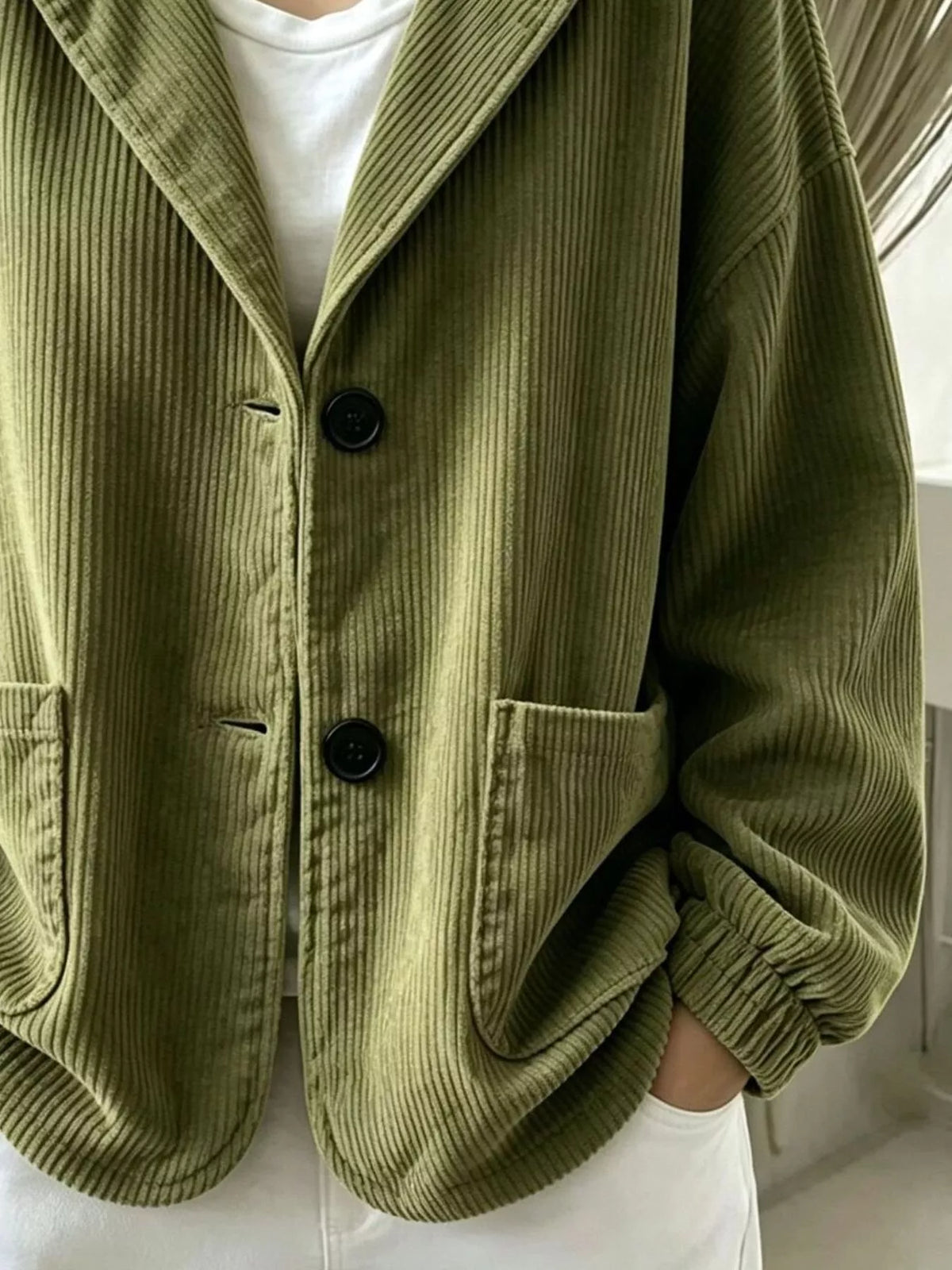 Women's Corduroy Button Up Hooded Jacket in olive — pocket detail view
