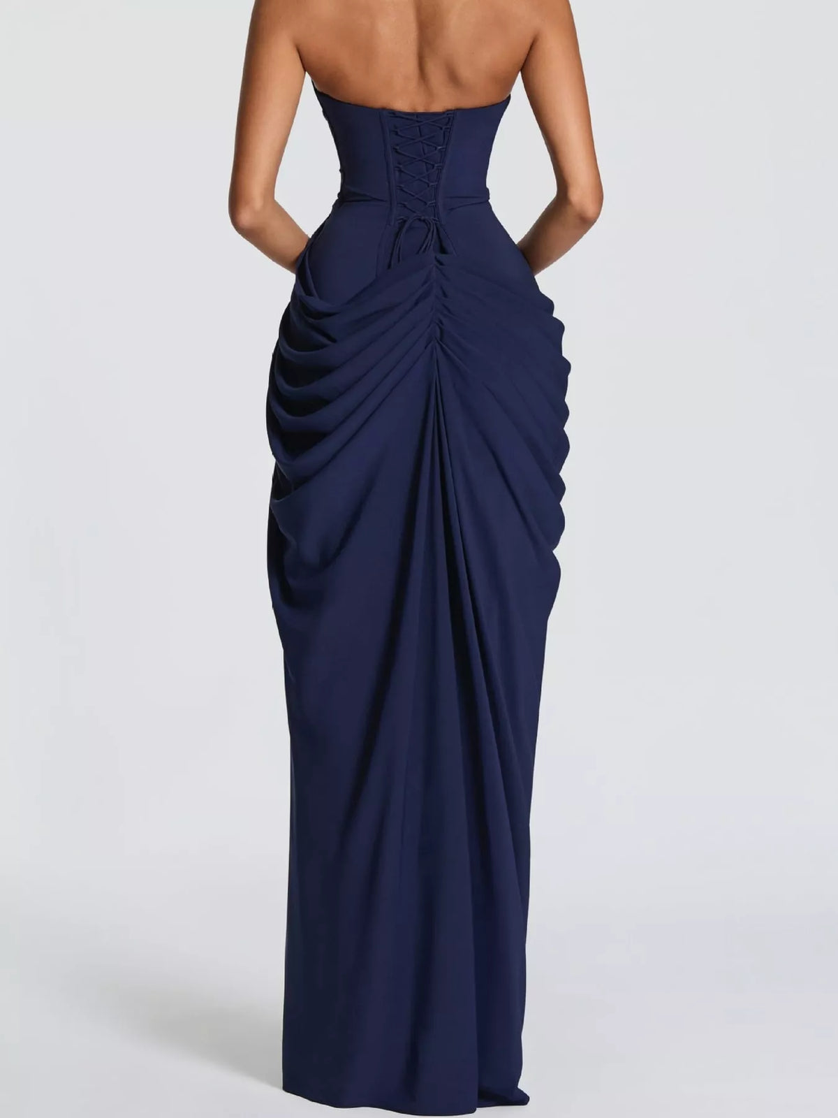 strapless maxi dress, back view