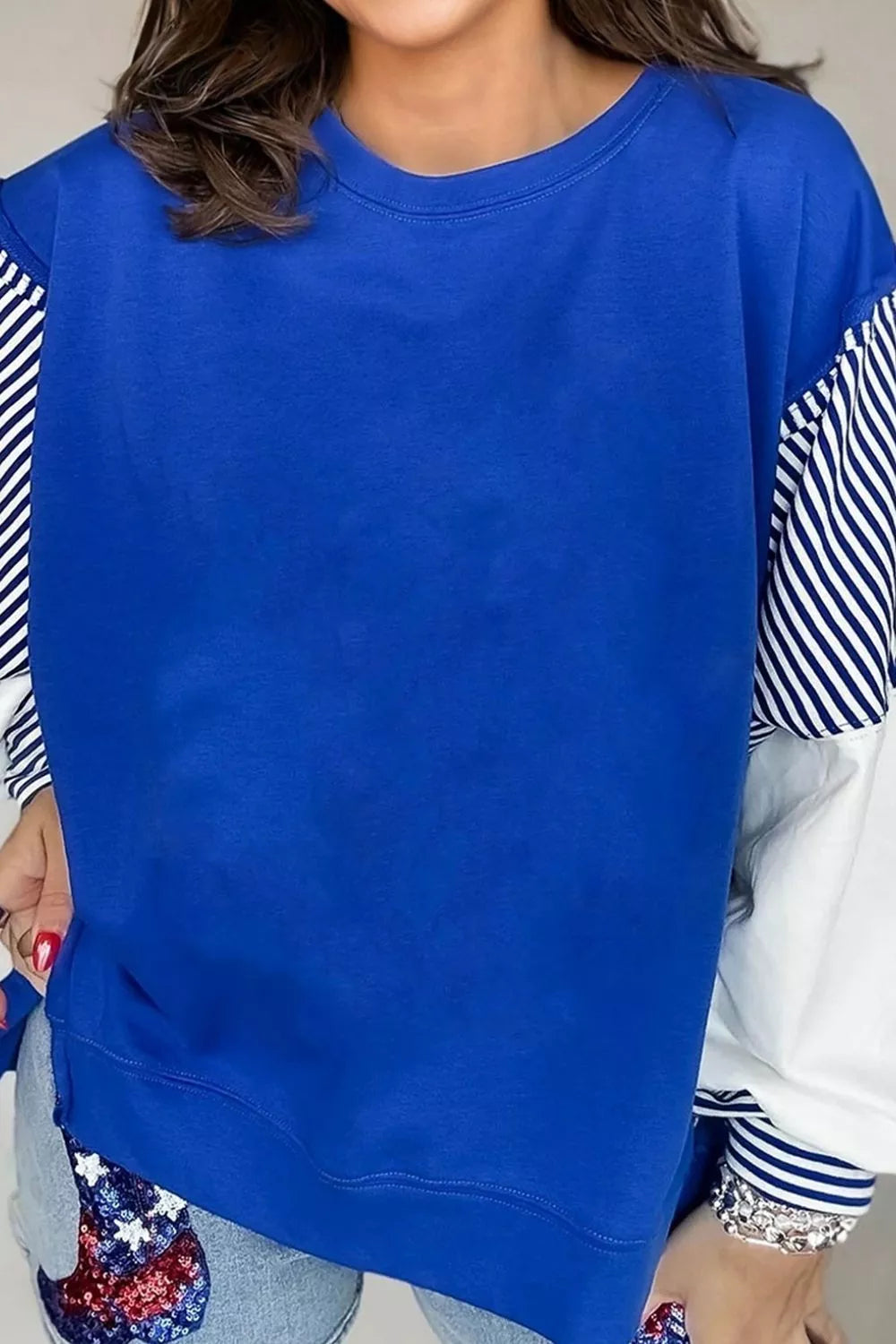 Trendsi Leopard and Striped Patchwork Sleeves Sweatshirt -