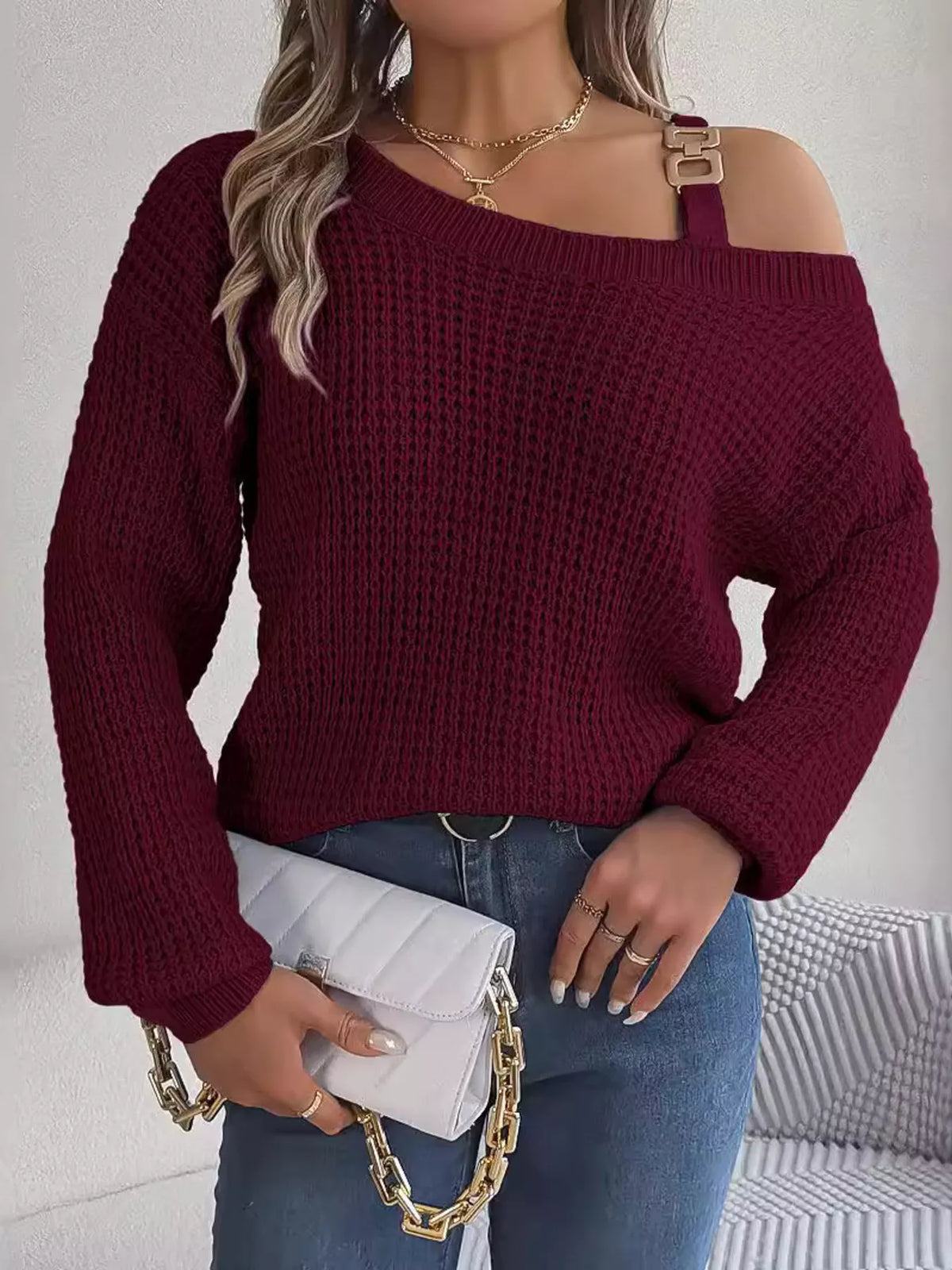 Asymmetrical Neck Long Sleeve Sweater in burgundy, front view