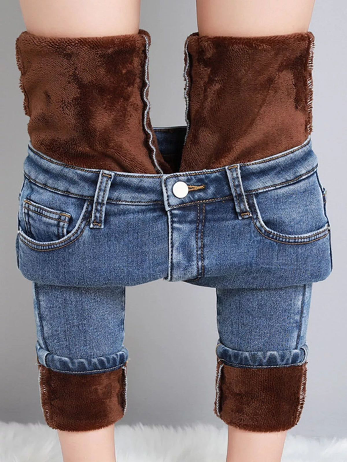 High-Waisted Slim-Fit Stretch Fleece Jeans — construction details