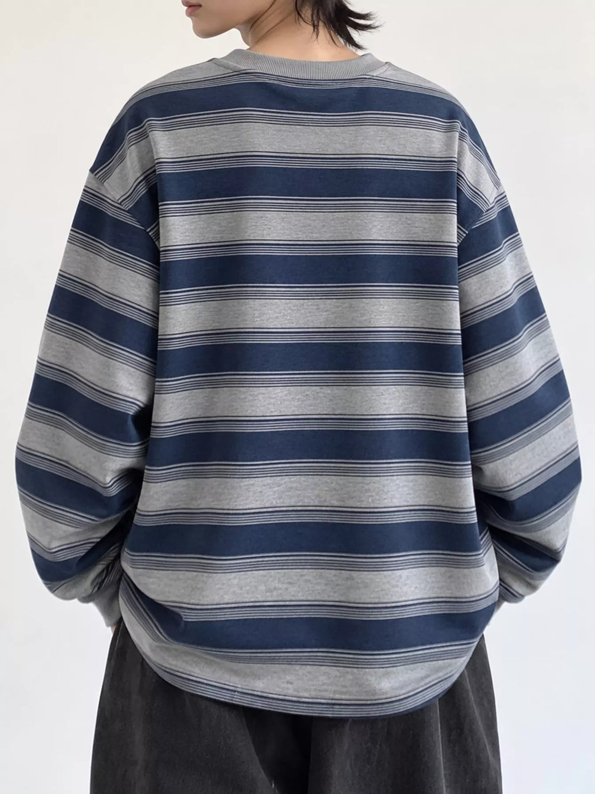 Women's Oversized Striped Crewneck Sweatshirt with Chest Pocket in blue and gray — back view