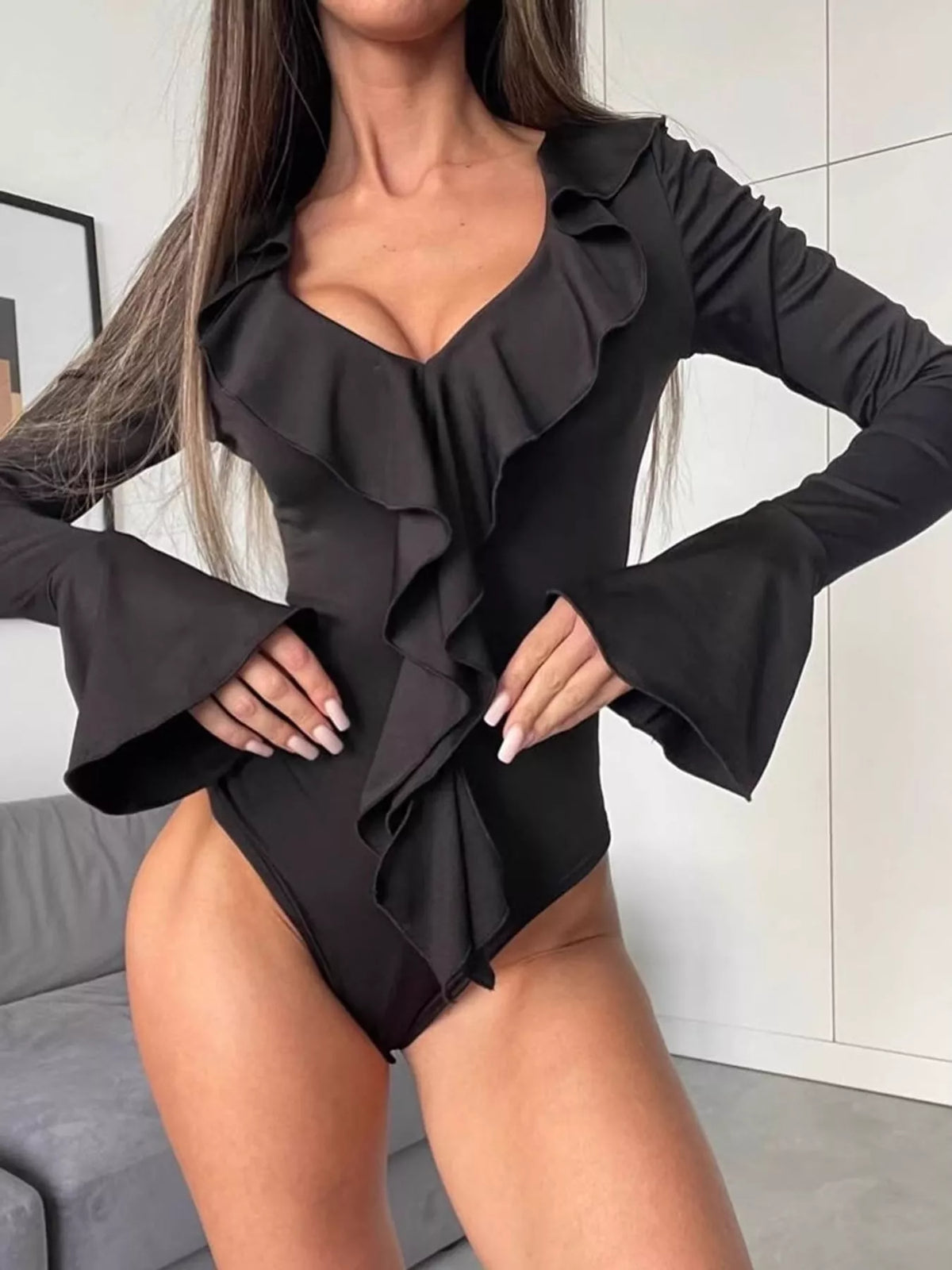 Ruffle Trim Long Sleeve Bodysuit — front view