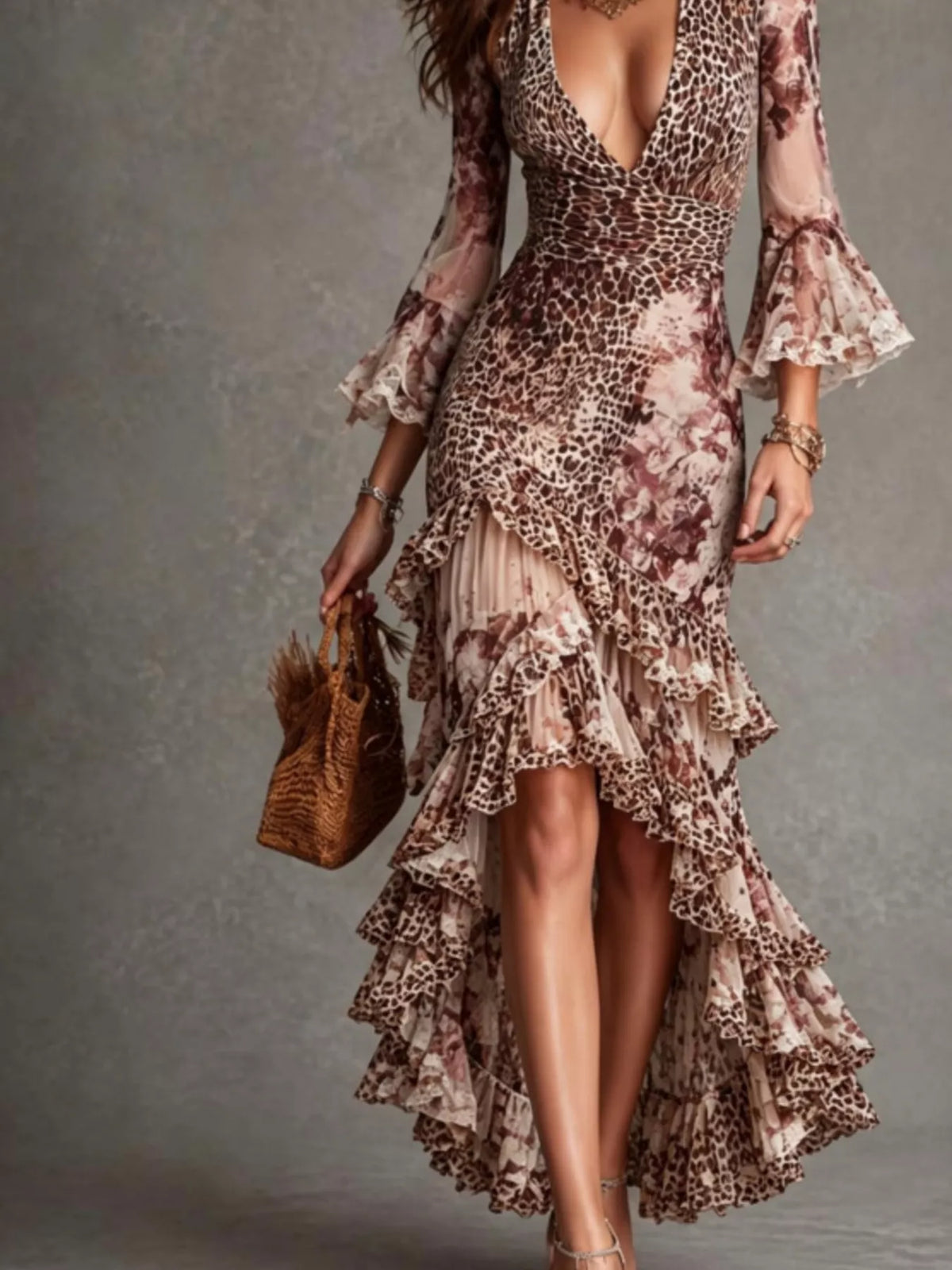 Brown and pink leopard high-low ruffle-hem maxi dress, high-low ruffled hem detail.