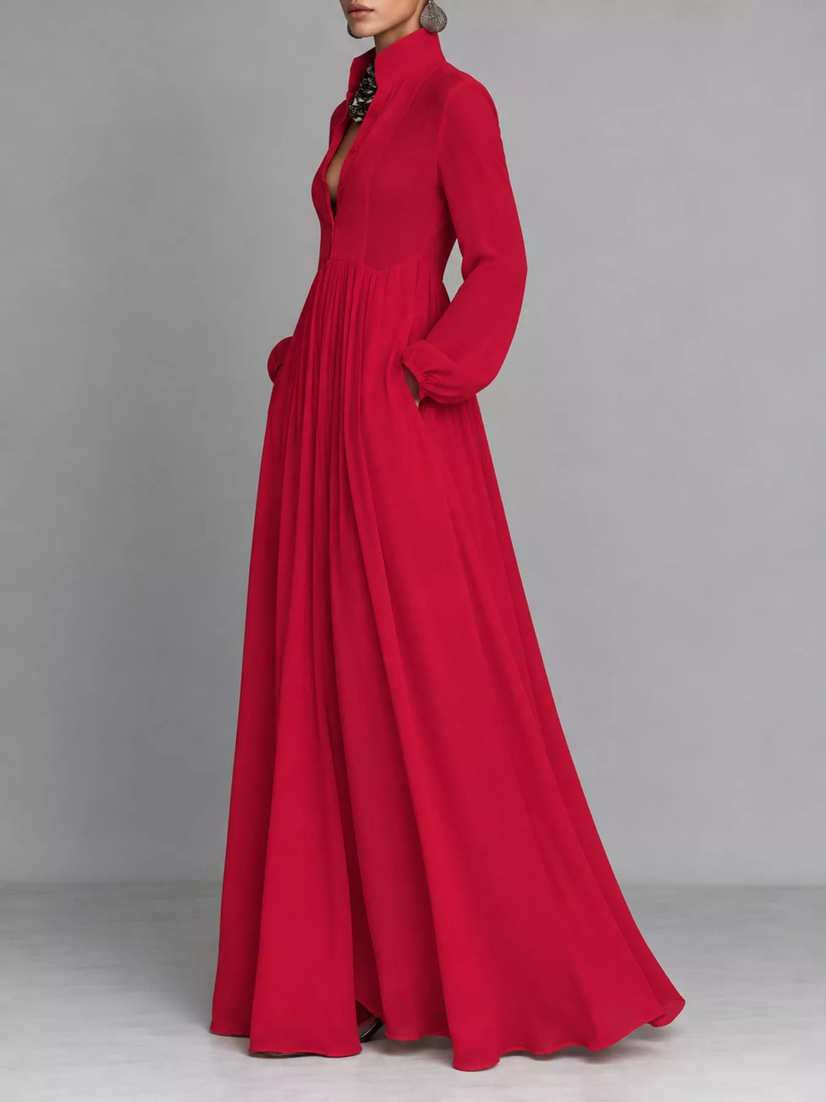 Red long sleeve button-front maxi dress