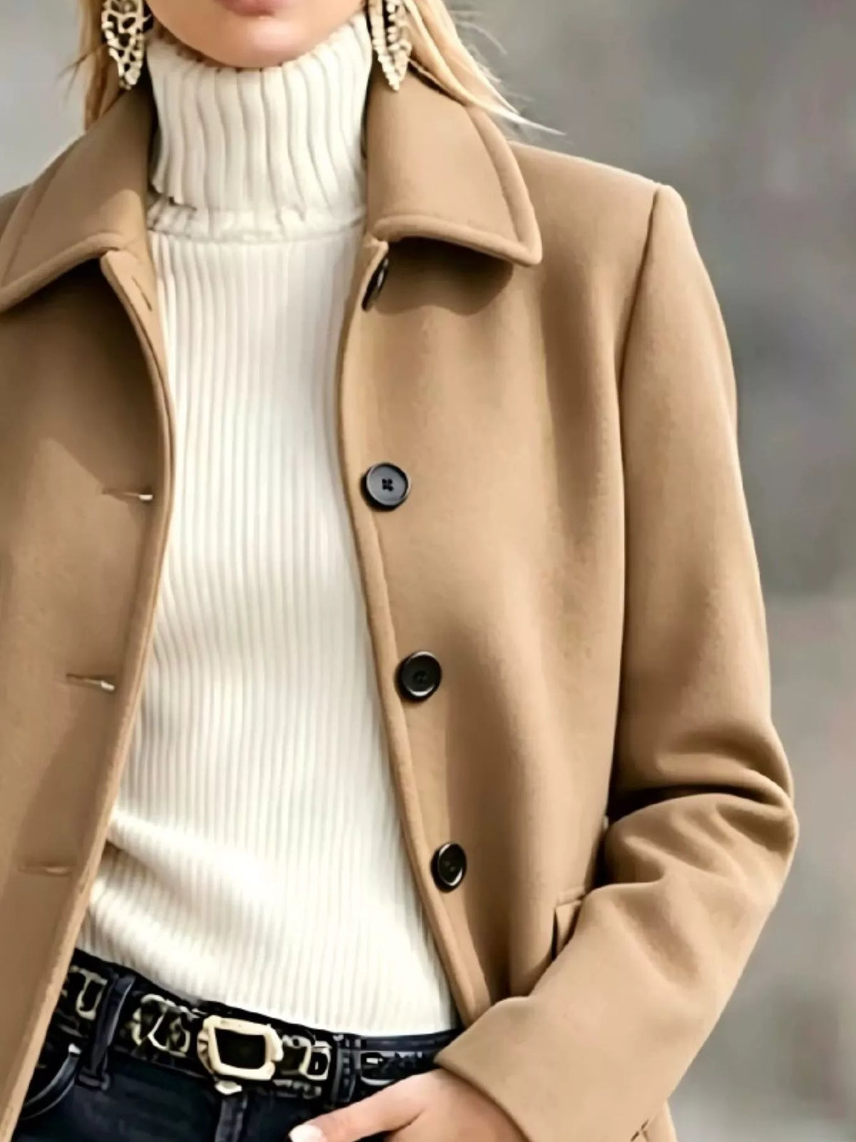Women's Button Up Longline Coat in camel — collar detail view