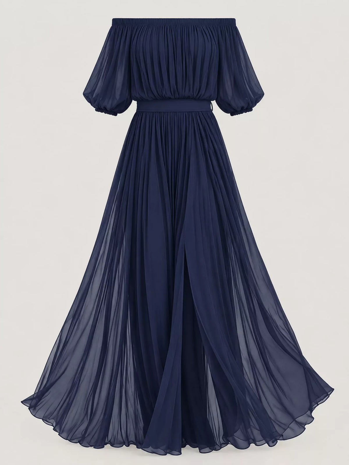 Navy off shoulder ruched chiffon maxi dress, front view