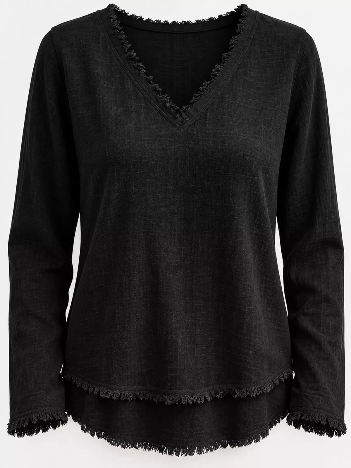 Frayed-hem blouse, black front hem detail