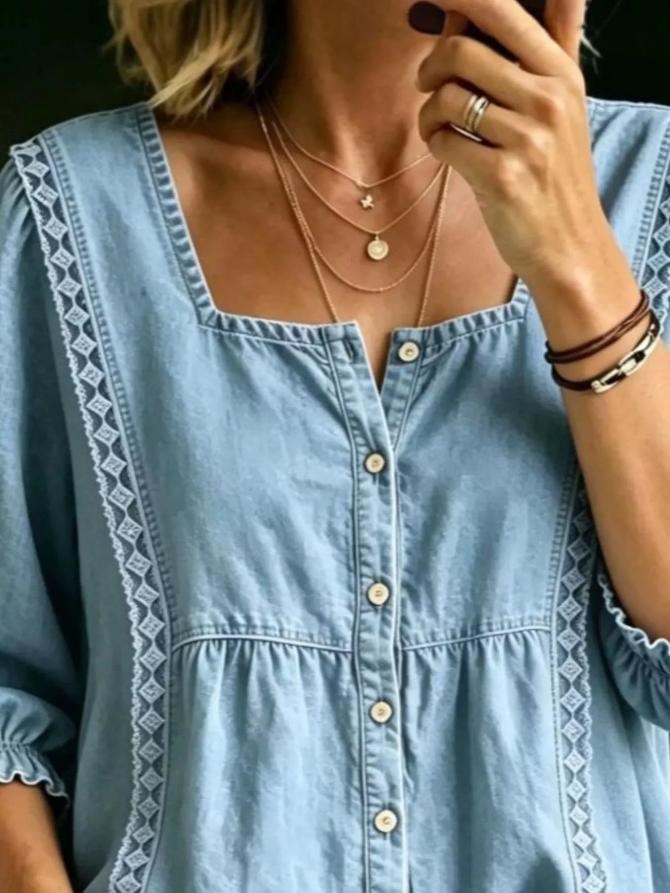 Trendsi Full Size Square Neck Button-Down Denim Shirt Plus Size -