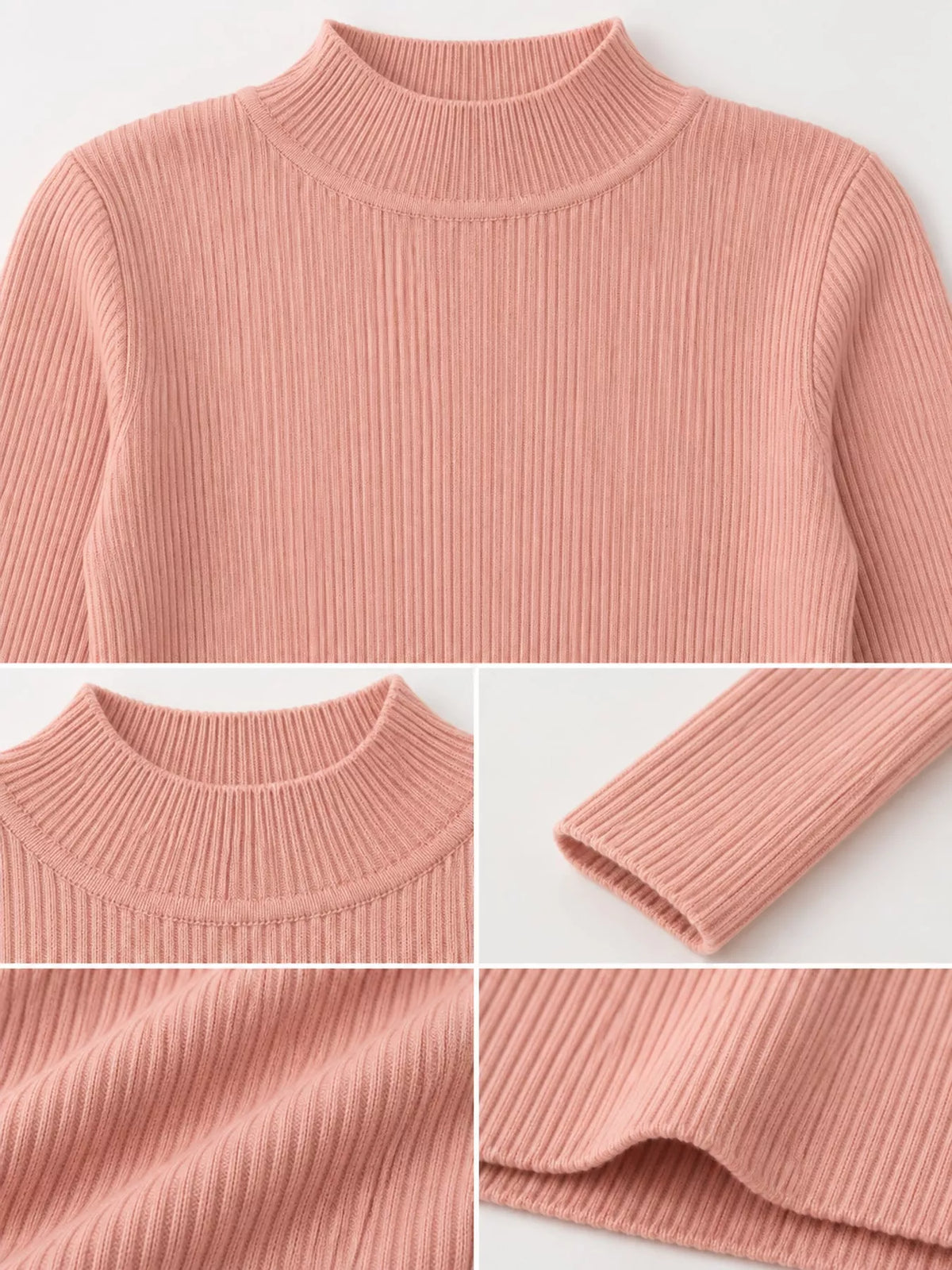 Peach ribbed mock neck long sleeve knit top, ribbed knit and neckline detail