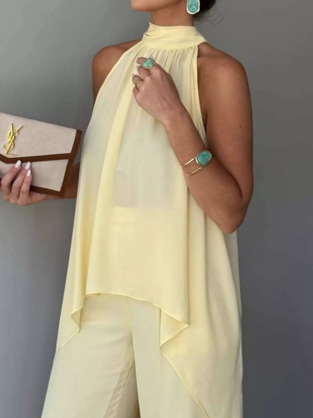 Pale Yellow High-Low Sleeveless Top & Wide-Leg Pants Set neckline and top detail