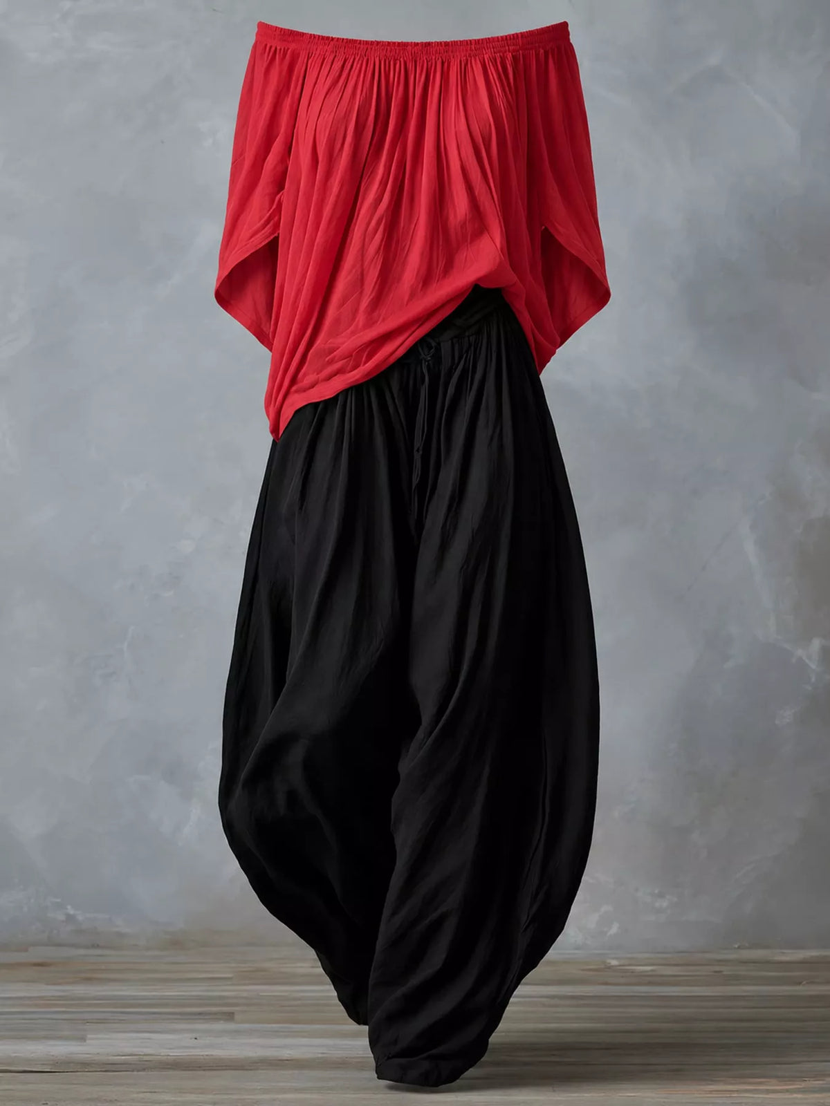 Red top and black pants off-shoulder top and wide-leg harem pants set — front view