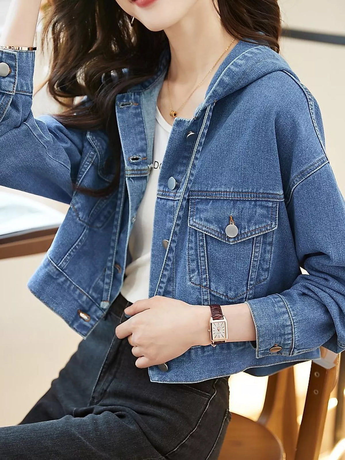 Hooded Cropped Denim Jacket in blue