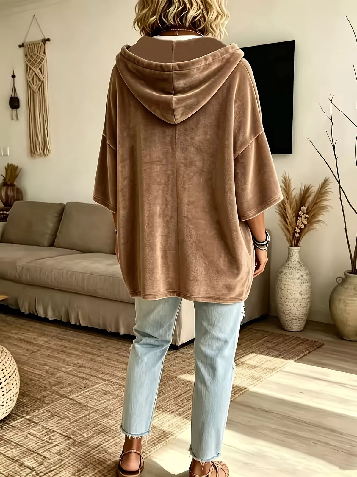 Trendsi Full Size Velvet Button Detail Drawstring Hoodie Plus Size -