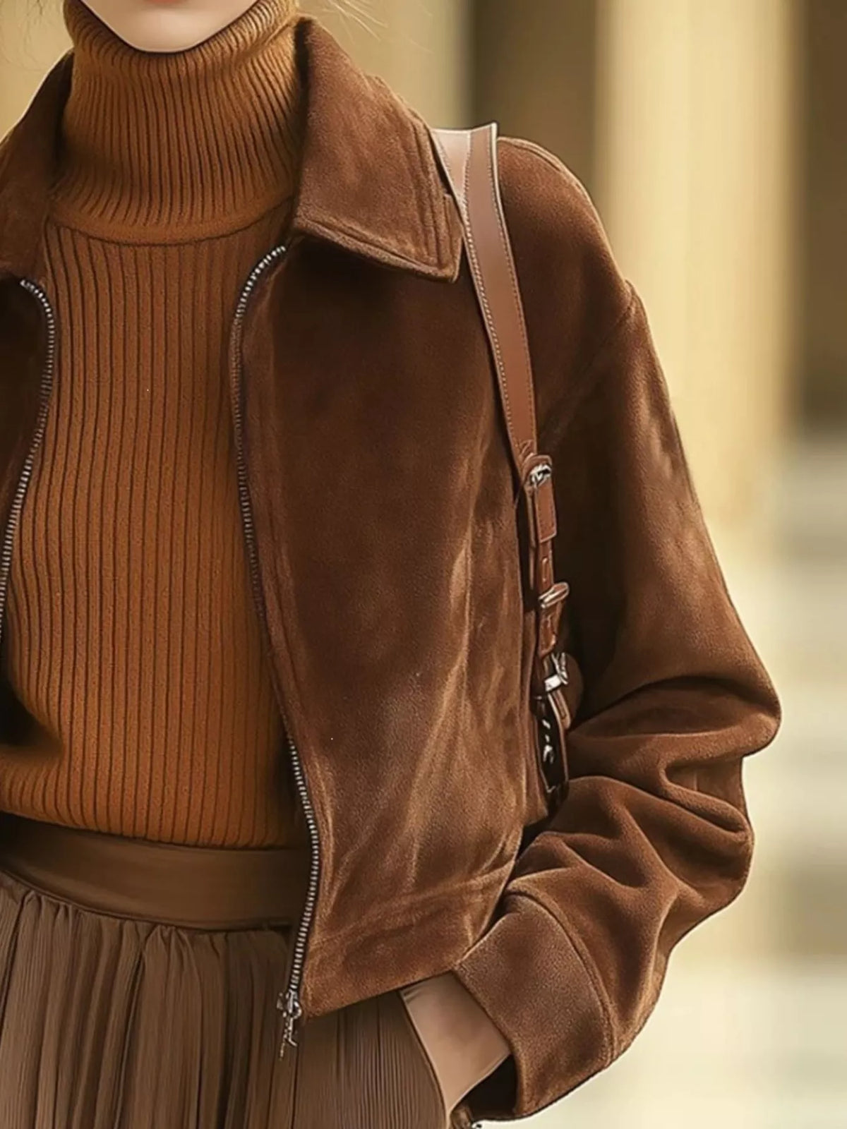 Trendsi Vintage Suede Zip-Up Cropped Jacket -