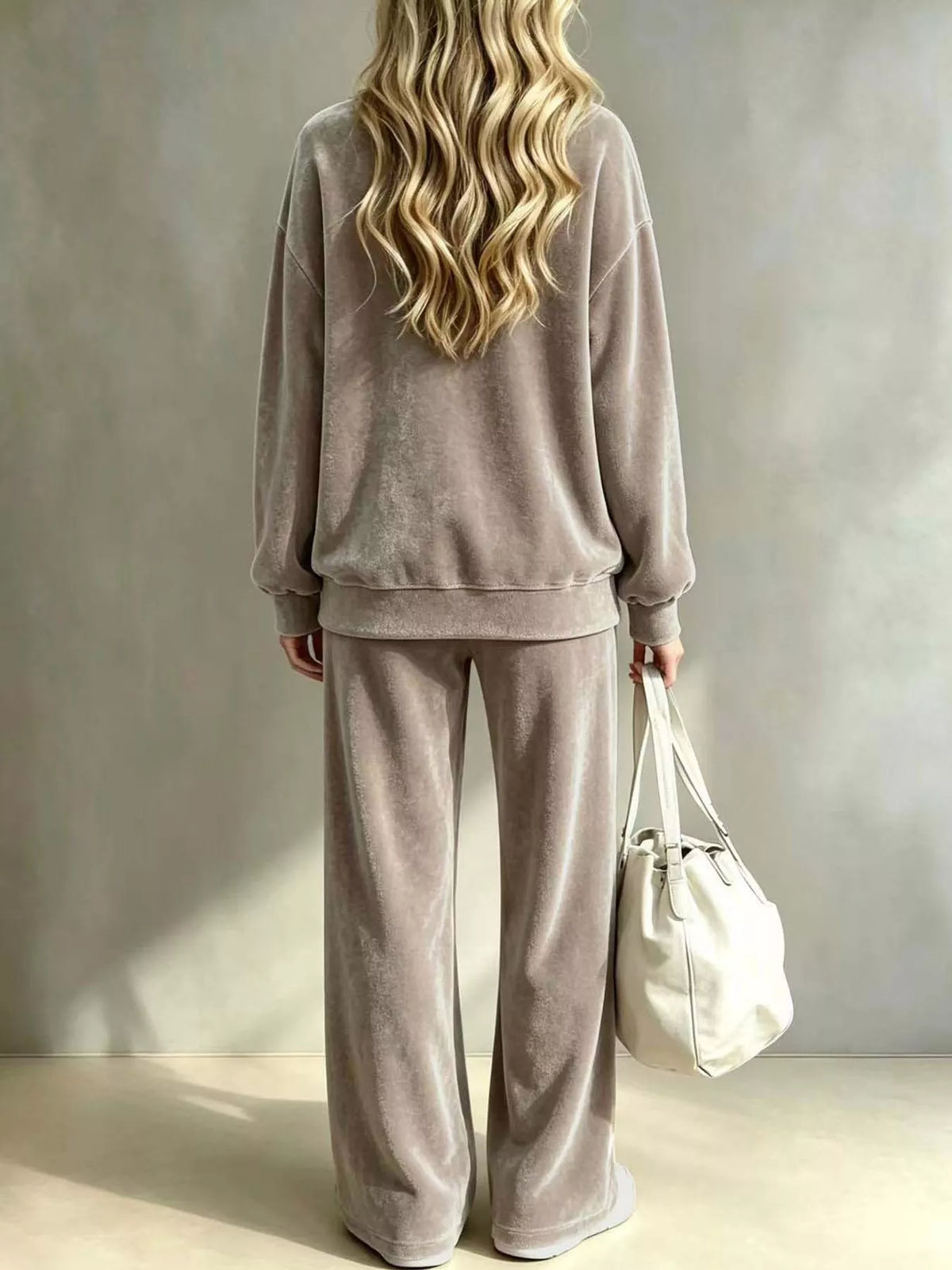 Velour Long Sleeve Top and Wide-Leg Pants Set — back view