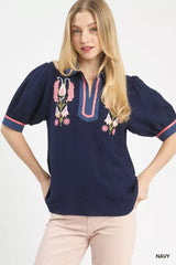 Trendsi Umgee Embroidered Puff Sleeve Contrast Trim Top -