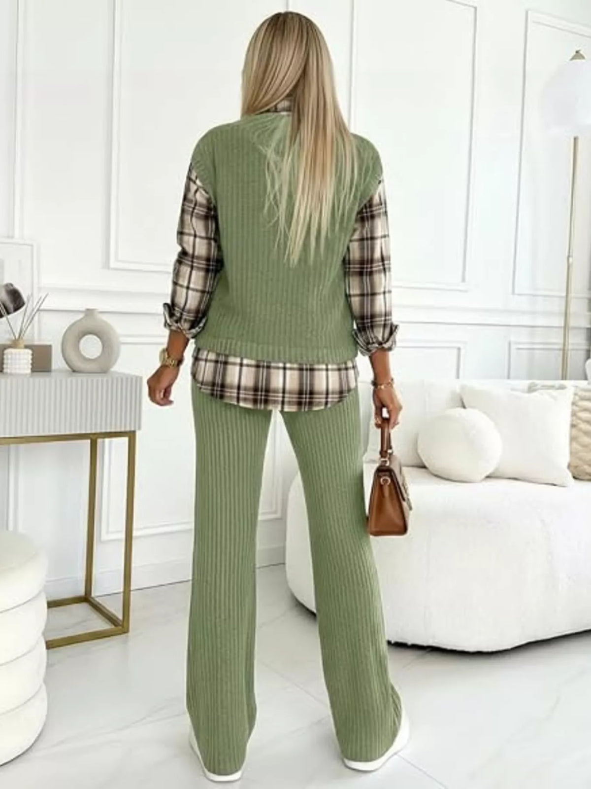 Trendsi Ribbed Knit Plaid Sleeve Top & Pants Set -
