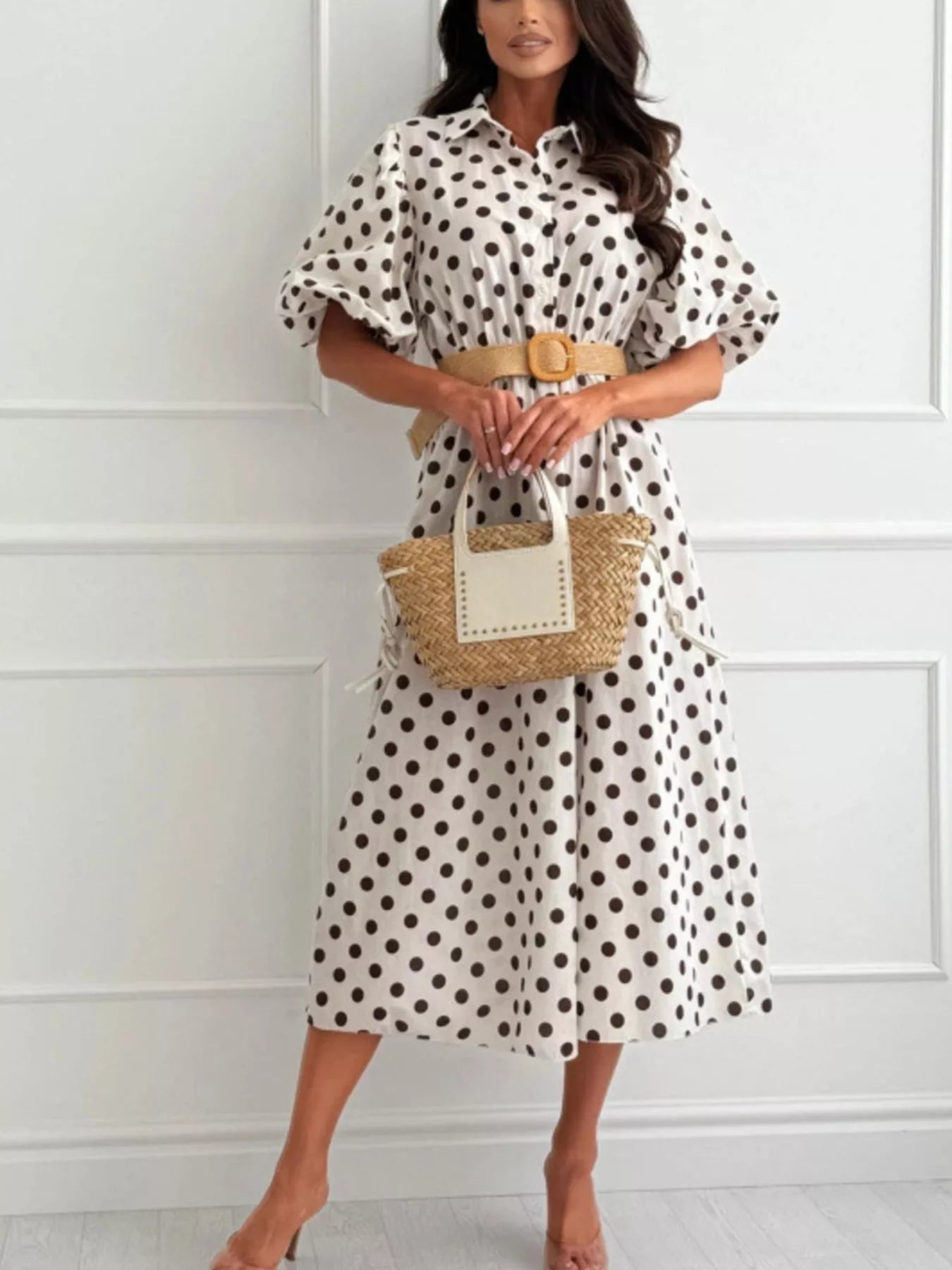 Trendsi Polka Dot Puff Sleeve Midi Dress -
