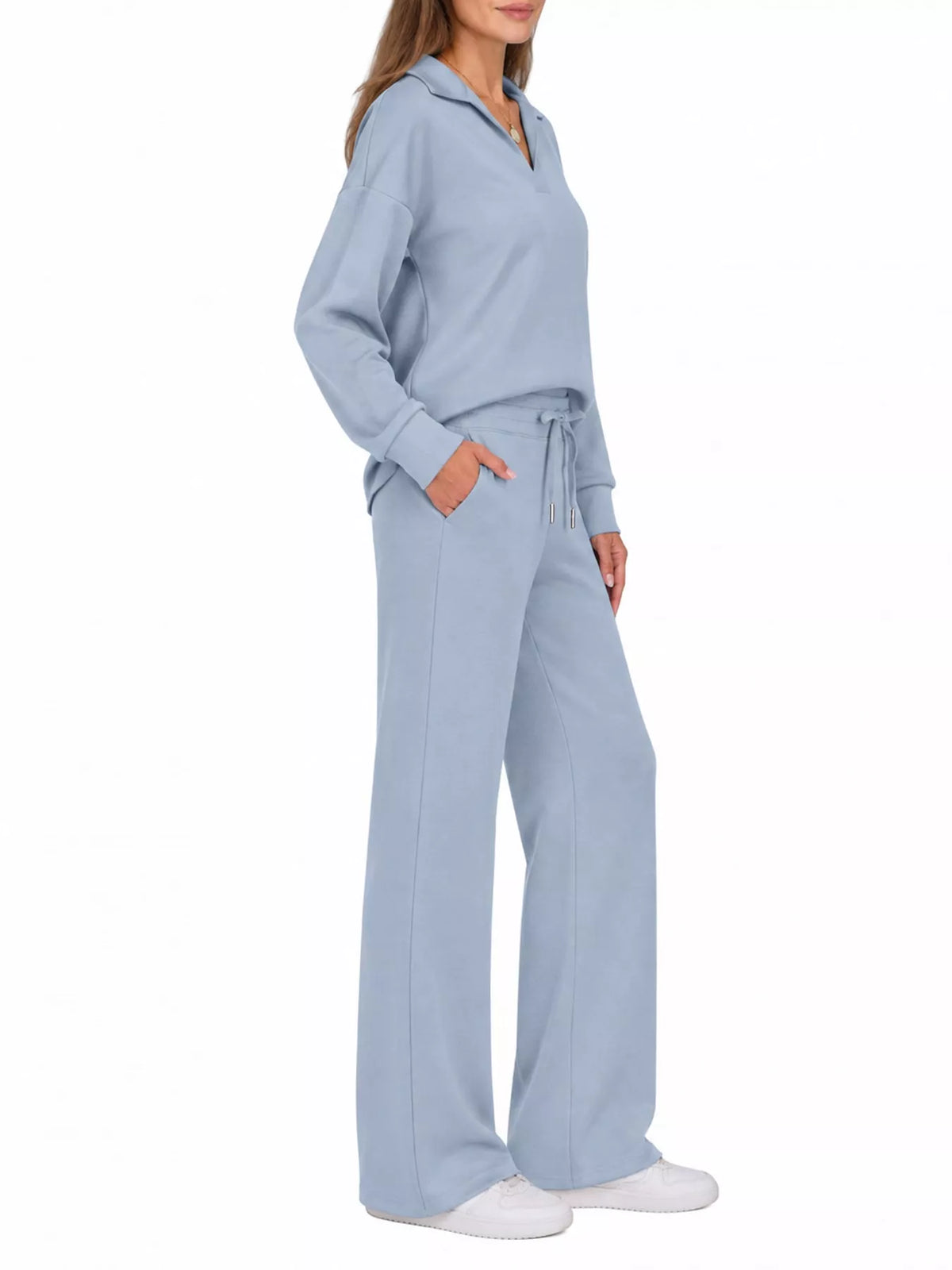 Top and drawstring pants set, blue side