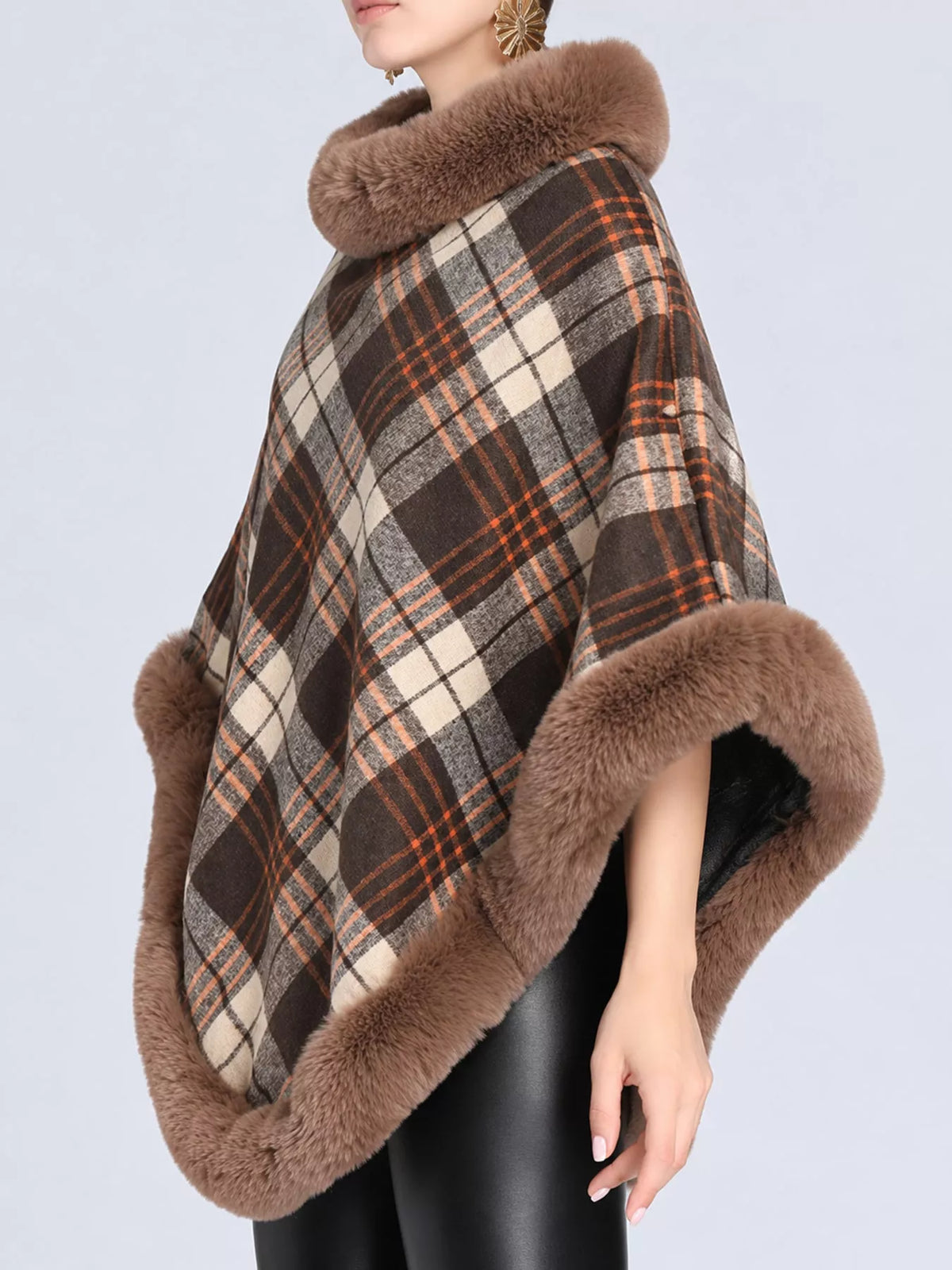 Khaki-Plaid plaid faux fur trimmed poncho cape