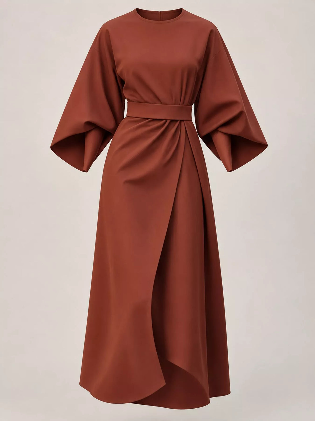 Brown round neck kimono sleeve midi dress
