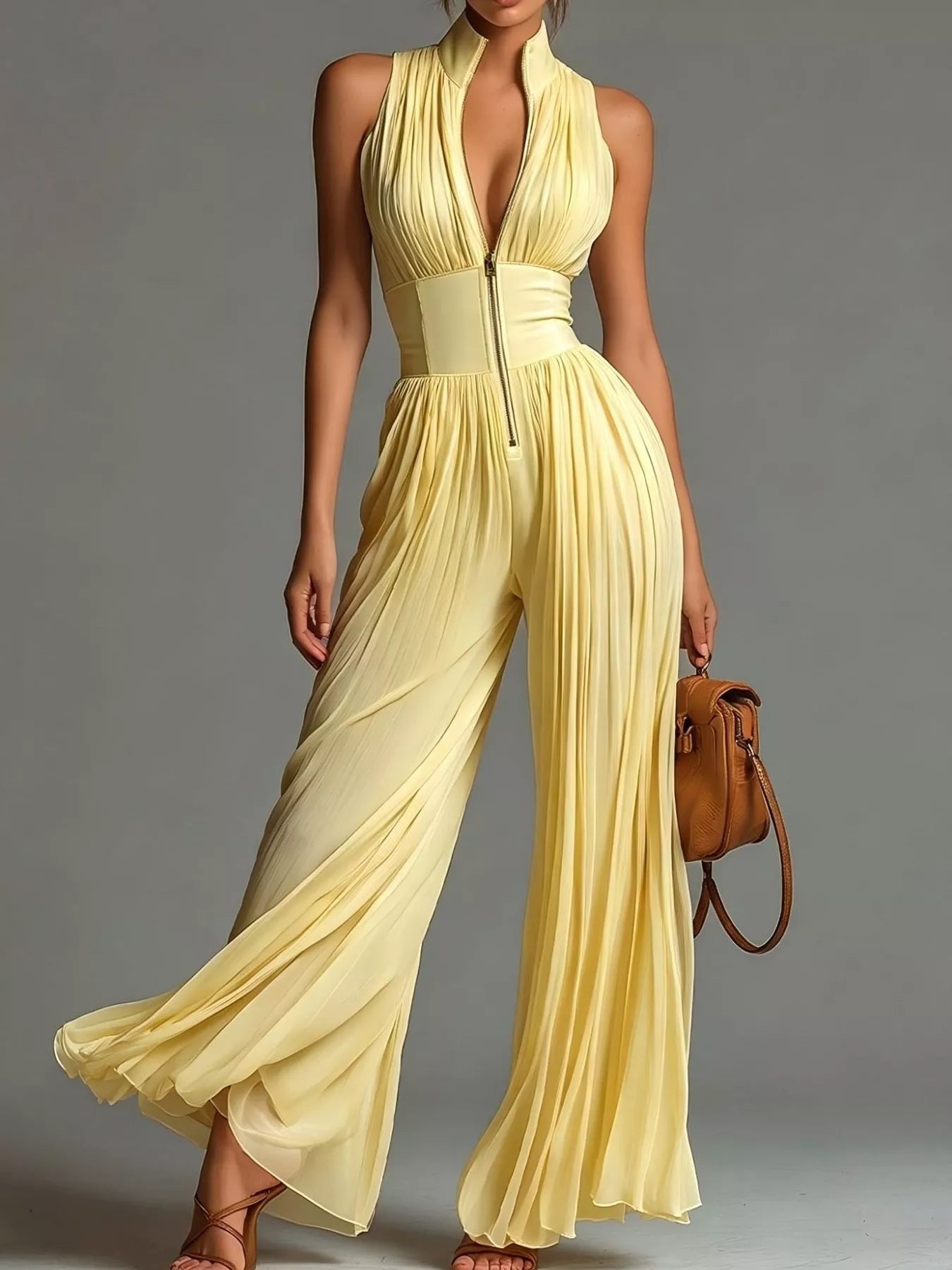 Trendsi Sleeveless Pleated Wide-Leg Jumpsuit with Front Zipper -