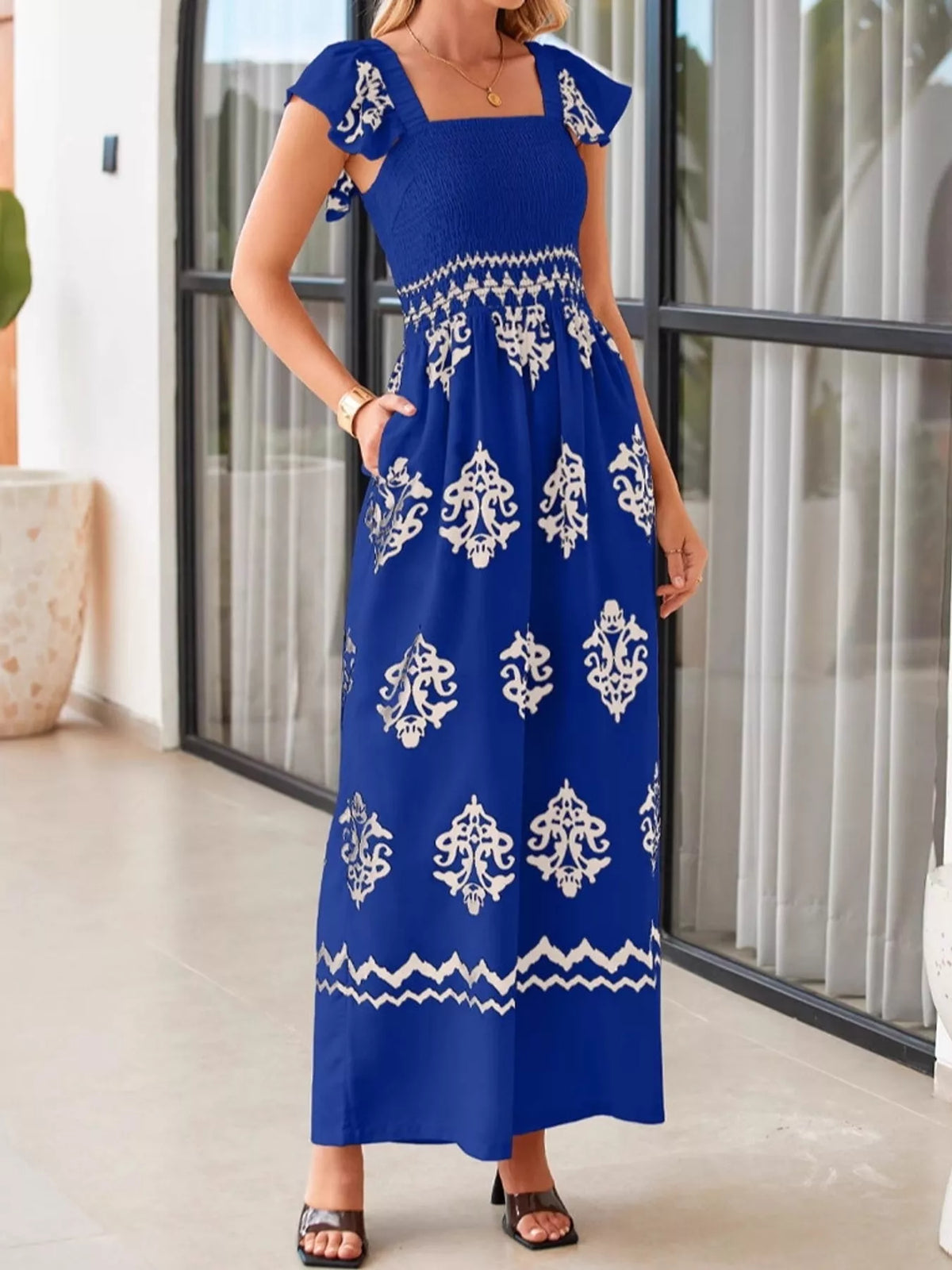 Wide-leg ornamental-print short-sleeve jumpsuit