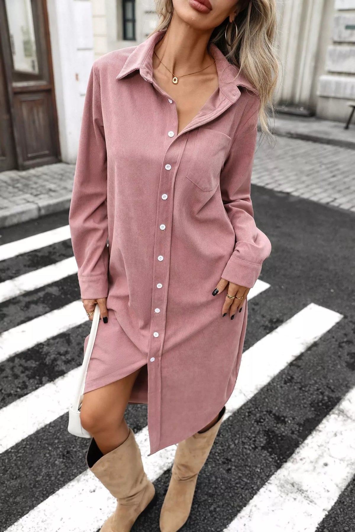 Trendsi Corduroy Shirt Dress with Button-Down Front -
