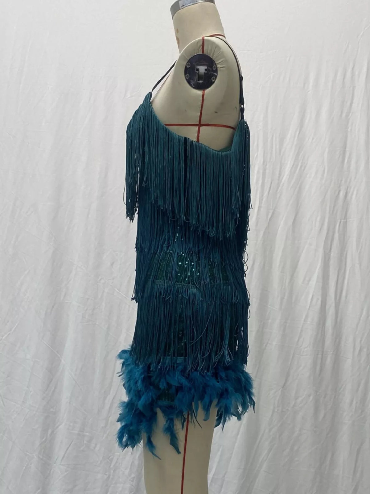 Teal feather fringe sequin mini dress, side view