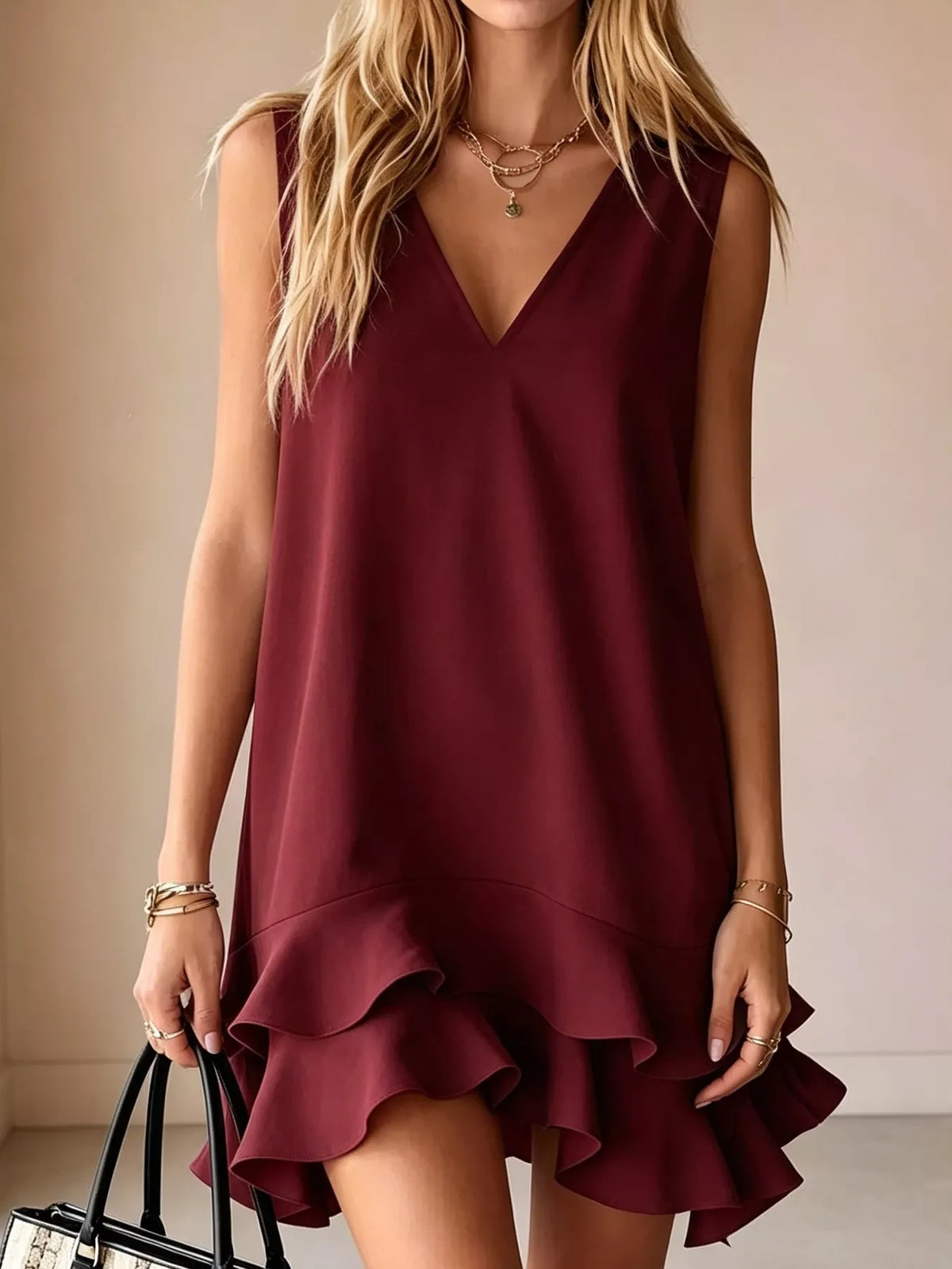 Burgundy sleeveless V-neck ruffle hem mini dress, front view