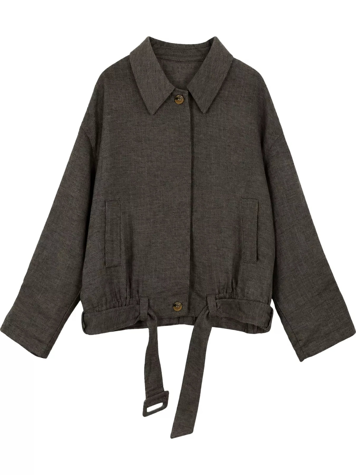 Charcoal belted dropped shoulder jacket — front view