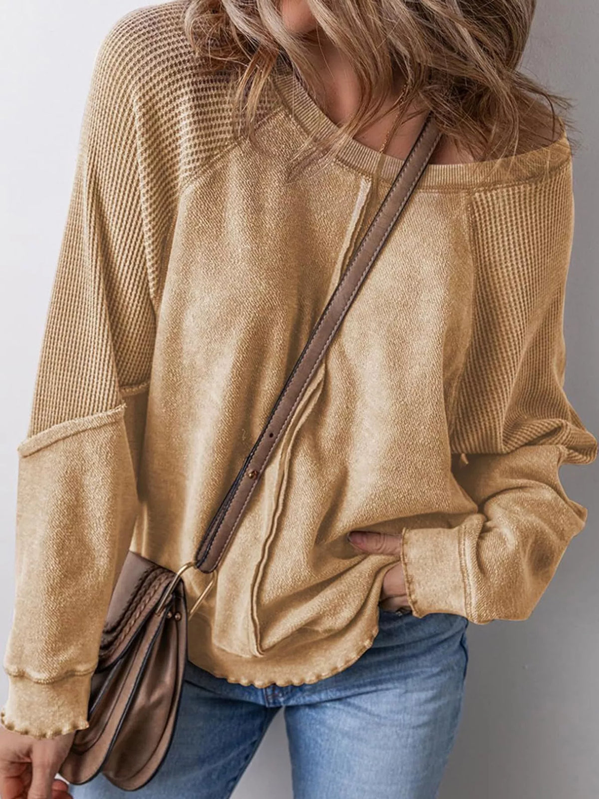 Waffle-knit sweatshirt, tan front