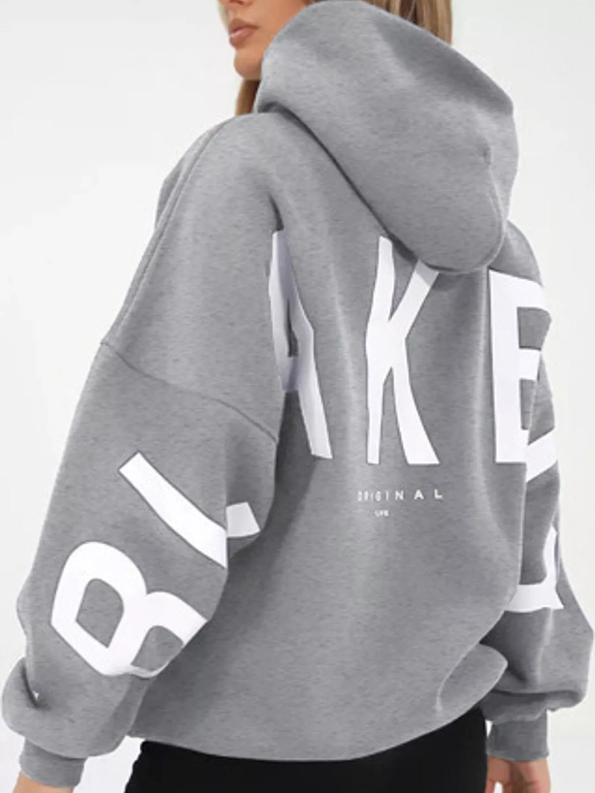 Letter Back Dropped Shoulder Hoodie — back view