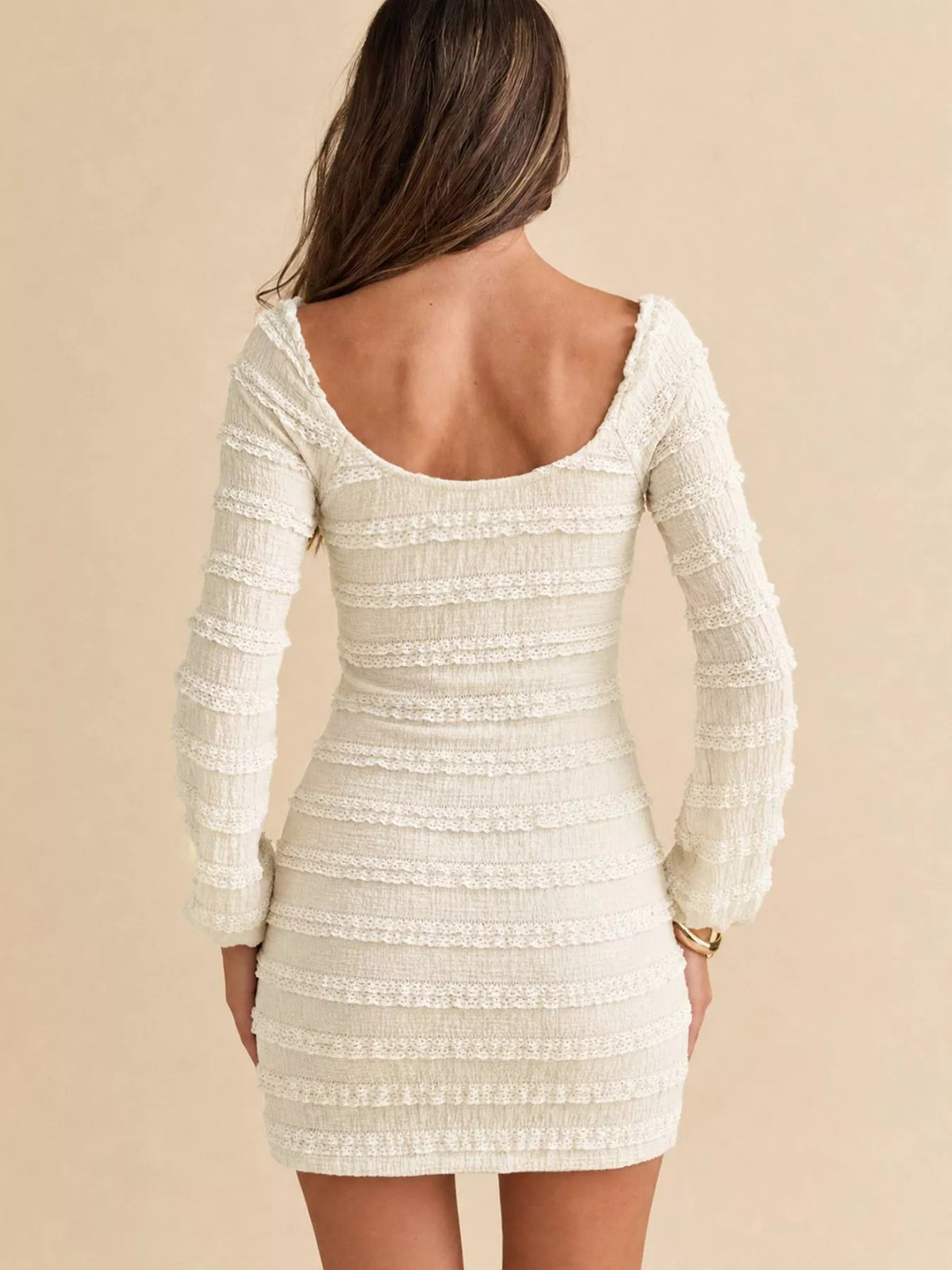 Textured tie-front bodycon mini dress in Apricot, back view