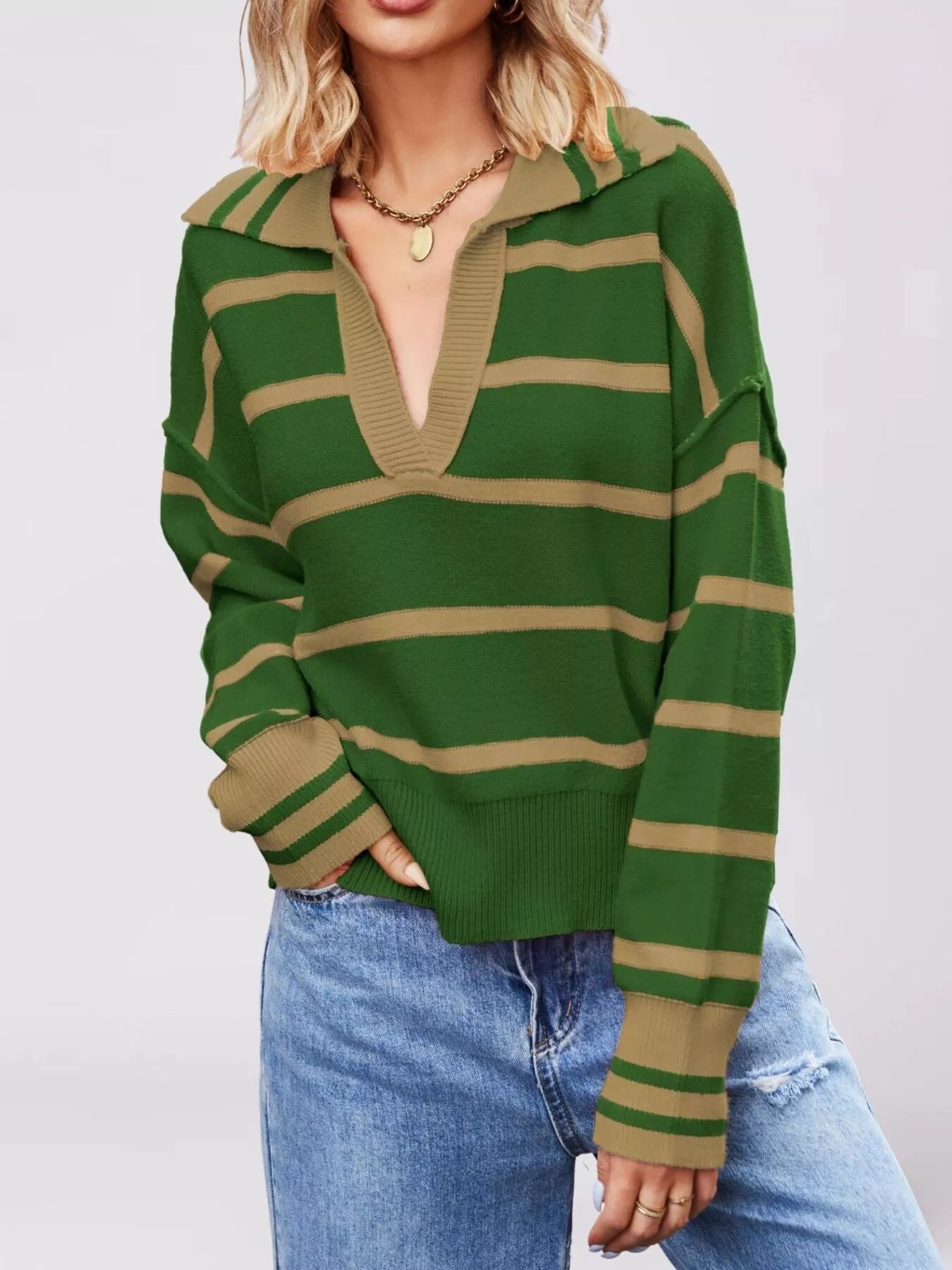 Trendsi Striped Johnny Collar Dropped Shoulder Sweater -