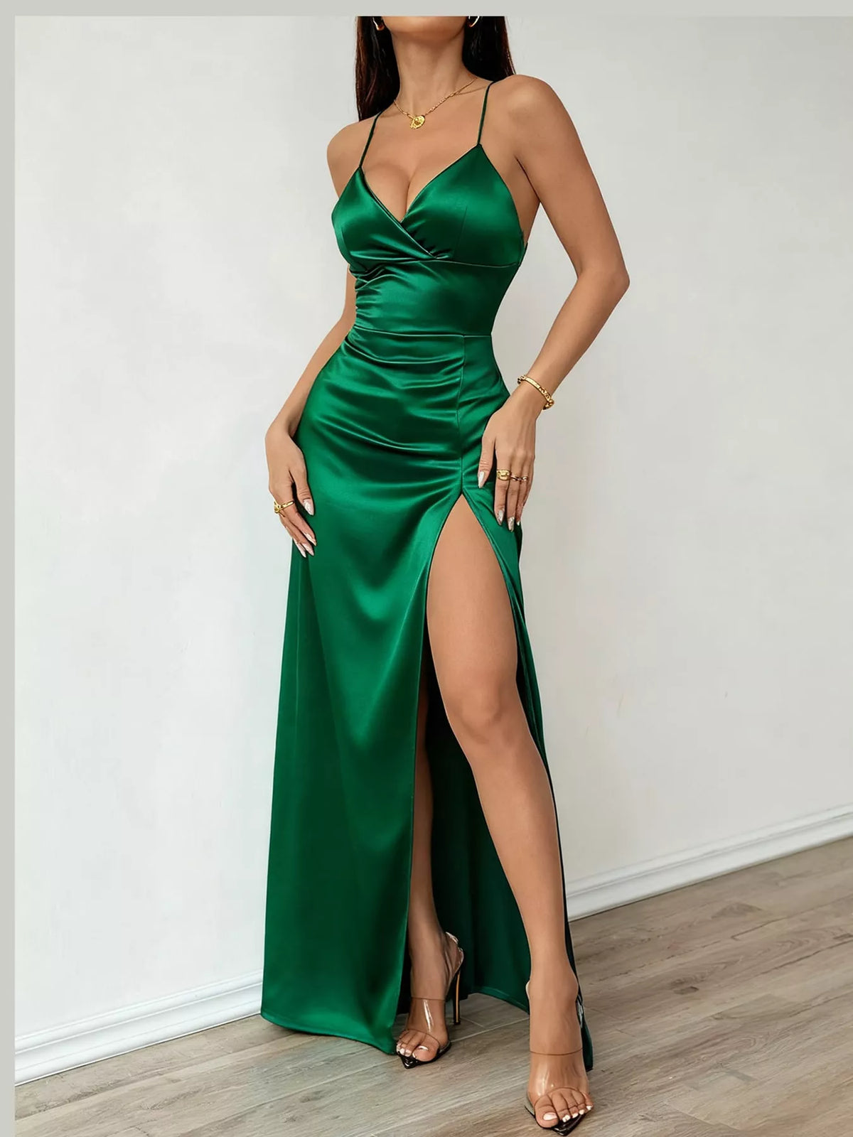 Lace-Up Back Slit Maxi Dress — side view