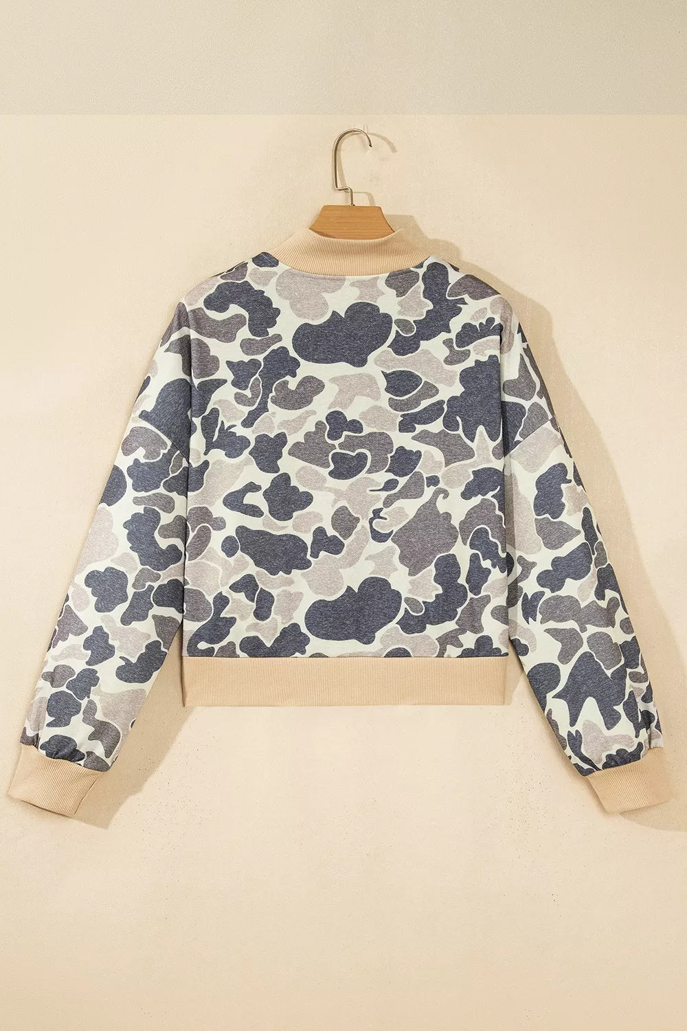 Green Camouflage camouflage print color block trim zip bomber sweatshirt, back view