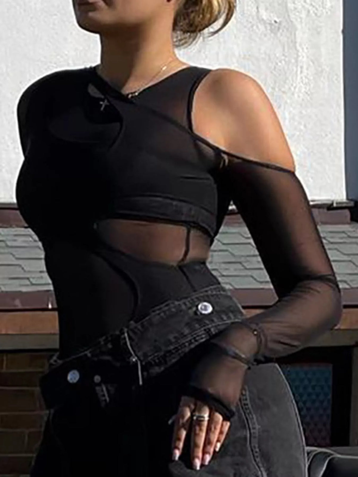 Sheer Mesh Cut-Out Long Sleeve Bodysuit — front view