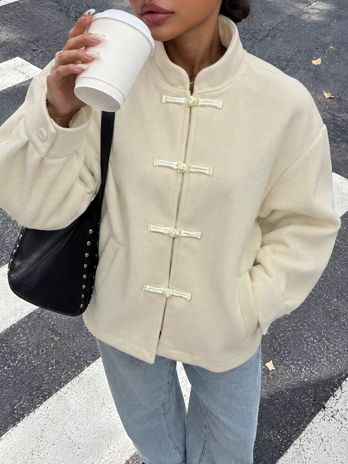 Frog Button Dropped Shoulder Jacket — front view