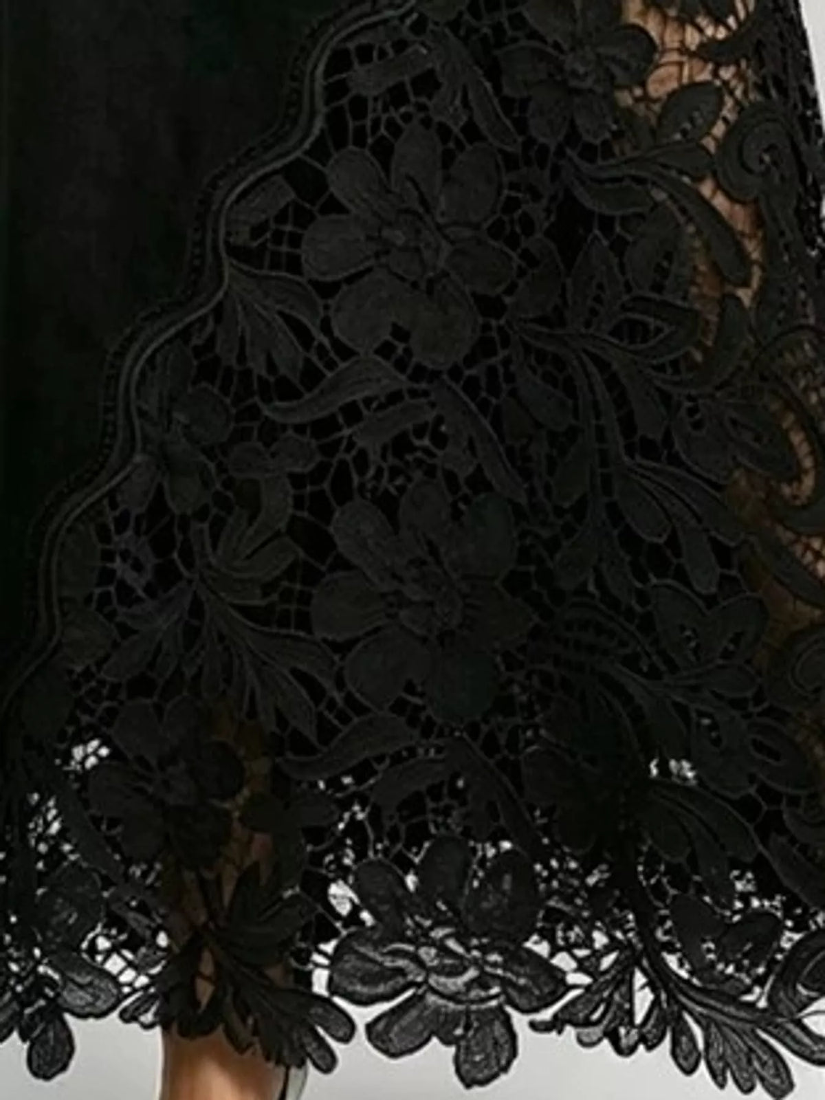 Lace-panel denim skirt, black floral lace detail
