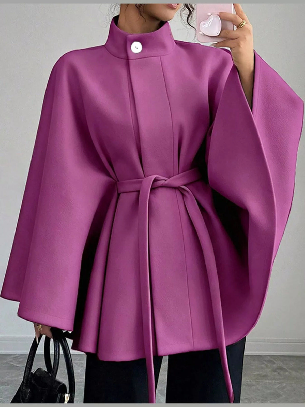 Purple tie-waist cape — front view