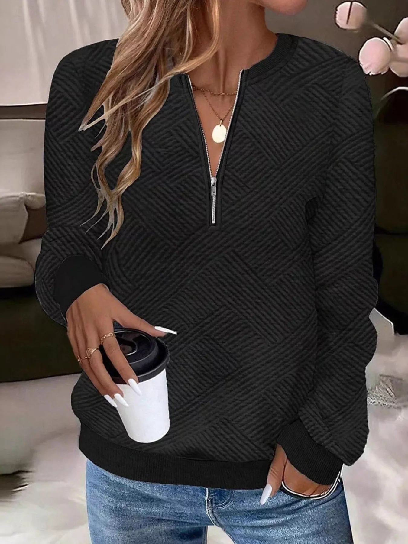 Trendsi Textured Quarter-Zip Sweatshirt -