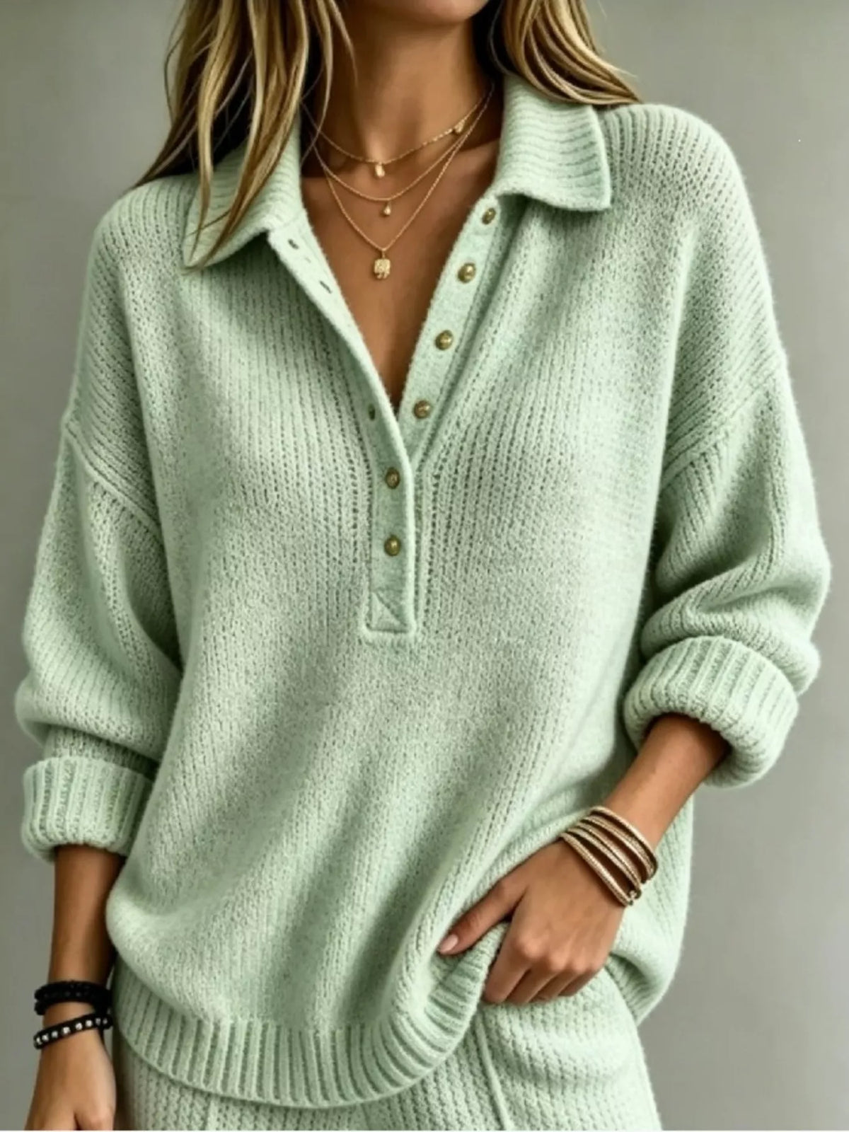 Women's Button Detail Dropped Shoulder Sweater in sage — front view