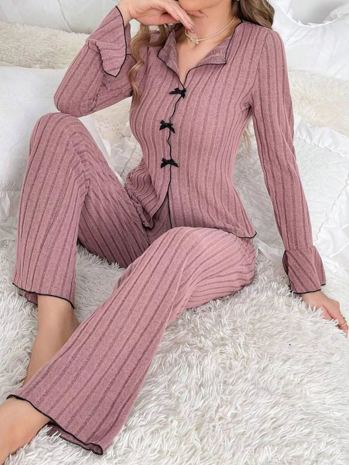 Women's Contrast Bow Detail Top and Pants Lounge Set in Lotus Root Powder, back view