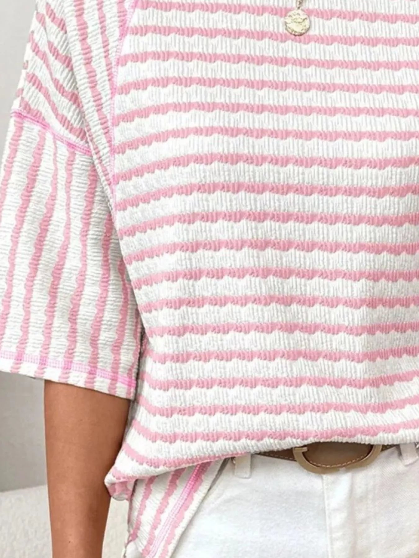 Trendsi Casual Striped Raglan Sleeve Textured T-Shirt -