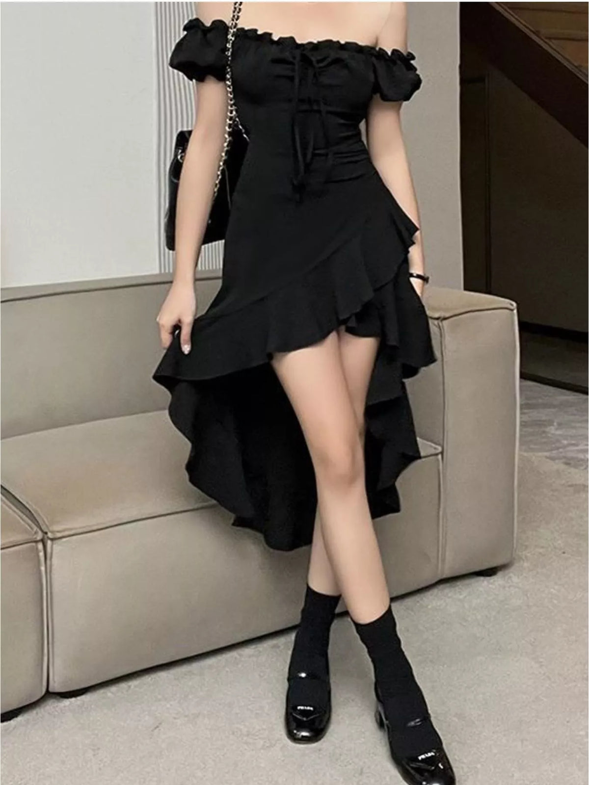 Off-shoulder short sleeve dress, front view on model