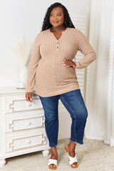 Trendsi Double Take Notched Neck Ribbed Long Sleeve T-Shirt - Pants